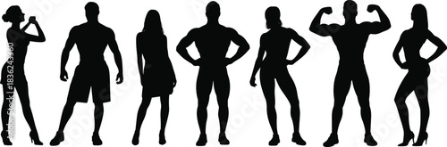Black Silhouettes of Diverse Male and Female Figures in Casual and Confident Poses for Fitness, Fashion, and Character Design Projects