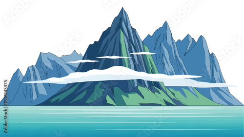 Illustration of a mountain range with green slopes and blue peaks rising above calm turquoise water under a white cloudy sky on a solid white background.