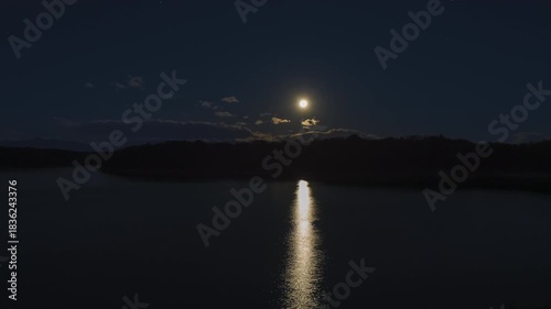 SDR Time Lapse. Full Moon Over Sayama Lake Moments Before Moonset – Serene Night Reflection and Forest Silhouette