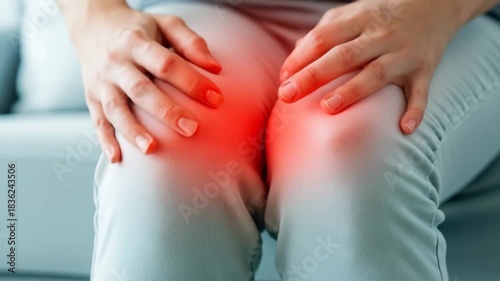 Person suffering from acute knee pain, hands on the sore joint.