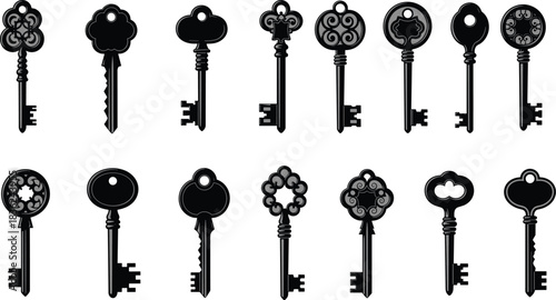 Vintage Key Silhouettes with Ornate Bow Designs – Antique Icons for Mystery, Puzzle, History, and Decorative Concept Illustration Themes
