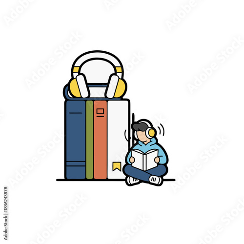 Person Sitting Cross Legged Wearing Headphones Reading a Book Next to Stack of Books and Headphones on Top