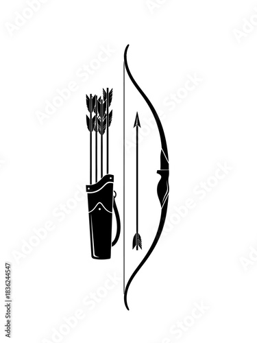 Elegant Archery Vector: Bow, Arrow, and Quiver Silhouette Design