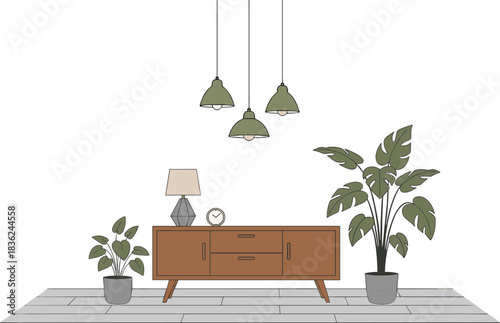 Mid-century interior illustration, wooden sideboard vector, pendant lights, potted plants, minimalist decor, modern home style, cartoon graphic