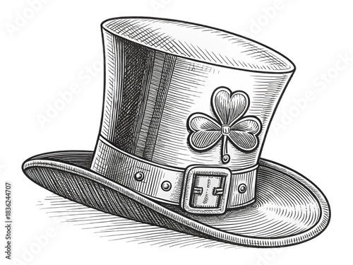  Vintage leprechaun hat with buckle and shamrock in engraving style for st. patrick's day design on transparent background 
