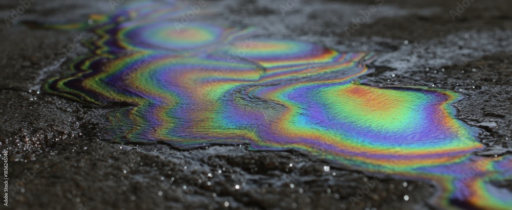 Fototapeta premium Iridescent patterns emerge from oil spreading over wet pavement surfaces.