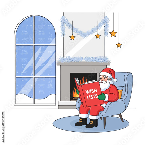 Santa Claus sits reading a giant wish list book in a 2D vector scene featuring a modern armchair and a fireplace decorated with festive garlands.