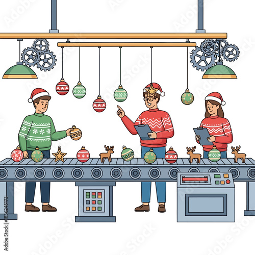 Ilustrasi vektor datar 2D meriah menampilkan adegan bengkel Natal sibuk: Karyawan bersweater memeriksa ornamen (bintang, baubles, gingerbread men) yang bergerak di sepanjang jalur perakitan.