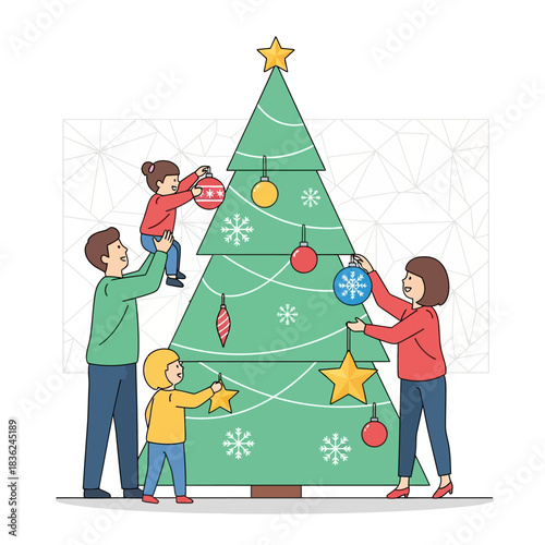 Adegan vektor datar 2D: Keluarga muda bahagia bekerja sama menggantung ornamen Natal (bola dan kepingan salju) di pohon bergaya, dengan latar belakang pola geometris.
