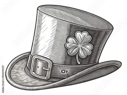  Vintage leprechaun hat with buckle and shamrock in engraving style for st. patrick's day design on transparent background 