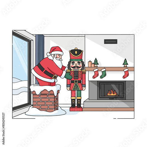 Ilustrasi vektor 2D Sinterklas ceria turun cerobong asap di ruang tamu minimalis, meletakkan ornamen pemecah kacang kayu besar di dekat perapian dan kaus kaki saat Natal bersalju.