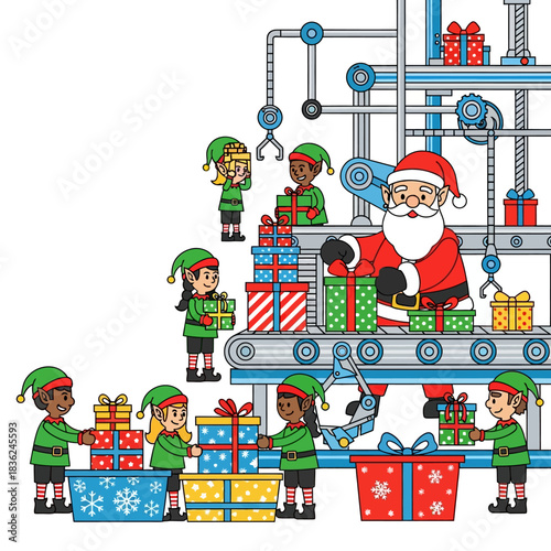 Ilustrasi vektor datar 2D yang bersih menampilkan Sinterklas dan tim peri yang beragam mengawasi ban berjalan hadiah di bengkel modern yang efisien, dengan ruang salinan yang luas di sebelah kiri.