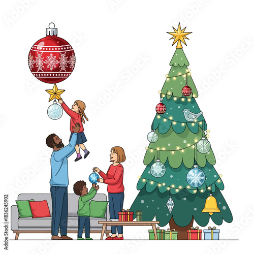 Flat 2D vector illustration of a diverse family placing the final star on a massive, stylized Christmas tree in a festive living room, showcasing collaborative holiday joy.