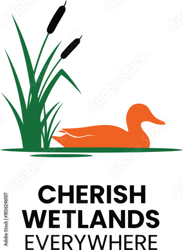 Cherish wetlands everywhere logo orange duck cattails nature conservation environmental awareness