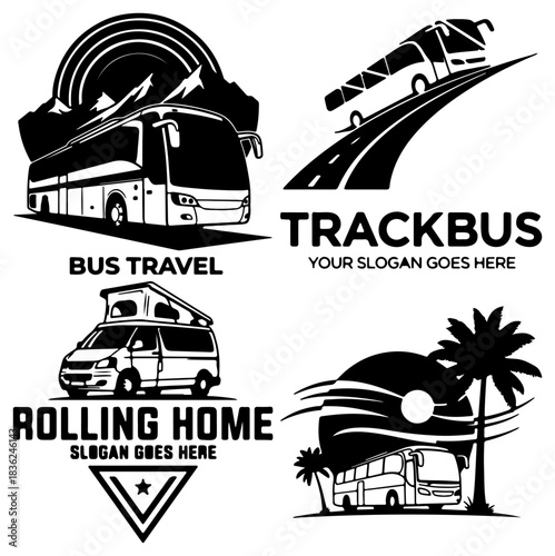 Set of four bus and camper van travel logos with road and nature elements