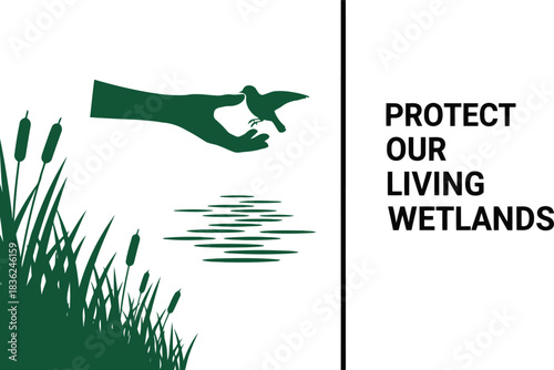 Protect our living wetlands conservation hand releasing bird over rippling water and reeds