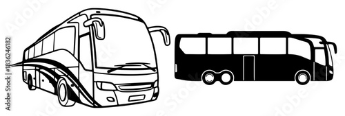 Two distinct bus illustrations: sketch and silhouette