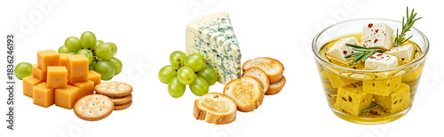 Set of various cheddar cubes with grapes and crackers cheese with mold grapes and croutons feta cheese in olive oil with herbs isolated on transparent background
