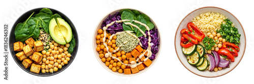 Set of various vegan bowls with tofu, chickpeas and vegetables isolated on transparent background