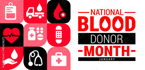 blood donor month Geometric shape pattern background, banner, card or poster design template is observed every year during January, to raise awareness about the mission. Vector illustration.