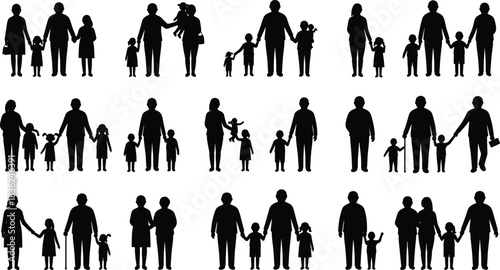 Family silhouettes, diverse family groups, parents and children, generational relationships, black vector icons, inclusive family illustration set
