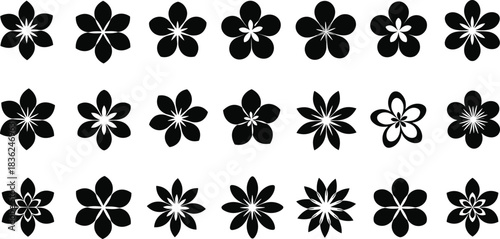 Stylized flower icons, black floral vector set, petal shapes, decorative botanical symbols, symmetrical flower design collection