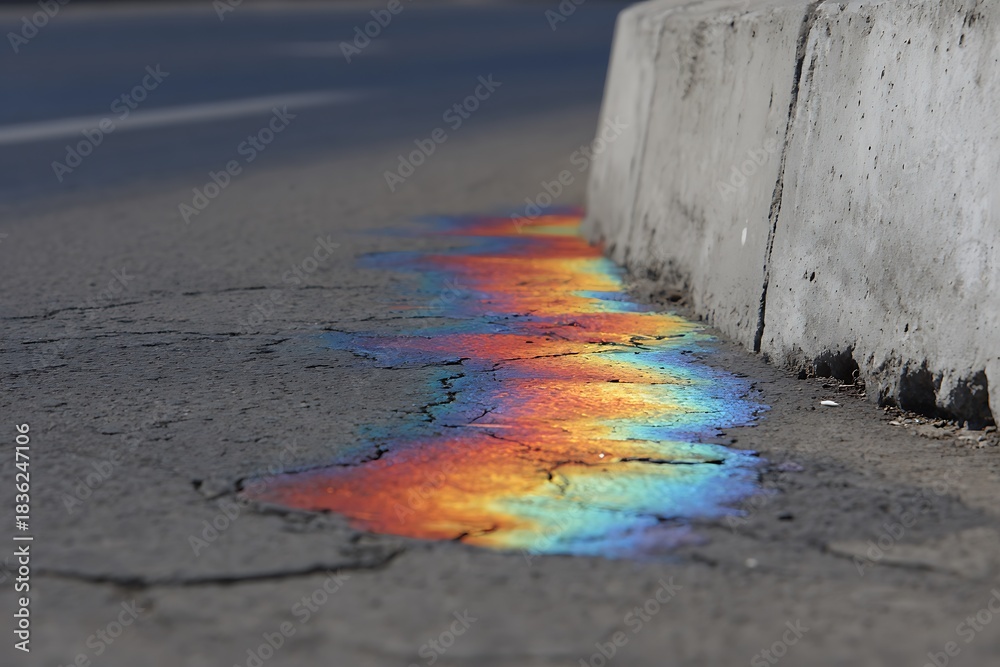 Fototapeta premium Oil spill creating iridescent rainbow colors on asphalt road