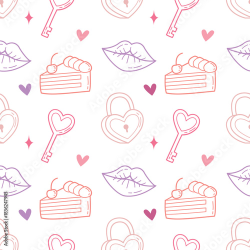 Seamless Cute Love Doodle Pattern with Locks, Keys, Lips and Cake Icons
