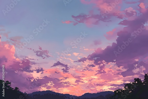 Colorful evening sky painting over mountains and trees