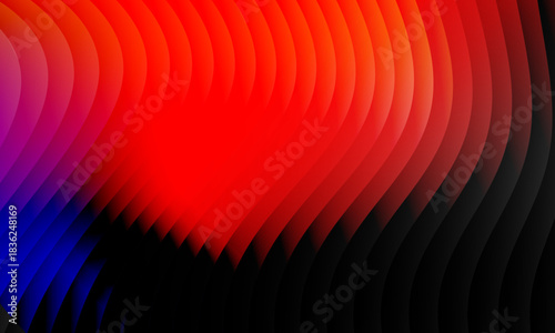 Neon ripple glass gradient in magenta, violet, ember orange on deep midnight. Sharp ribbed distortion, cinematic glow; futuristic texture background, vector illustration