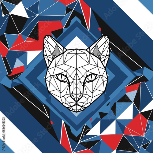 Geometric Cat Head Design - Modern Feline Art with Polygonal Details.