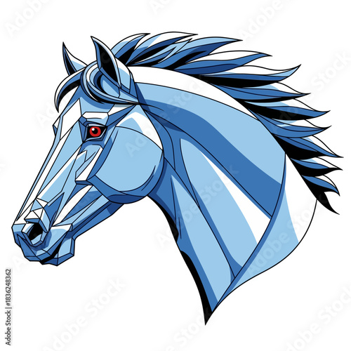 Geometric Horse Head Illustration with Sharp Angles and Blue Tones.