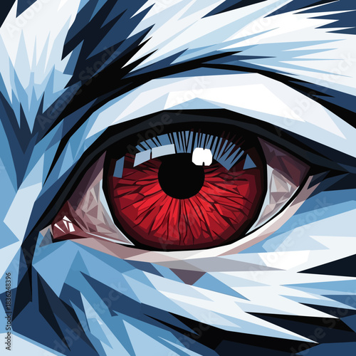 Intense Red Eye of a Wolf in Geometric Style.