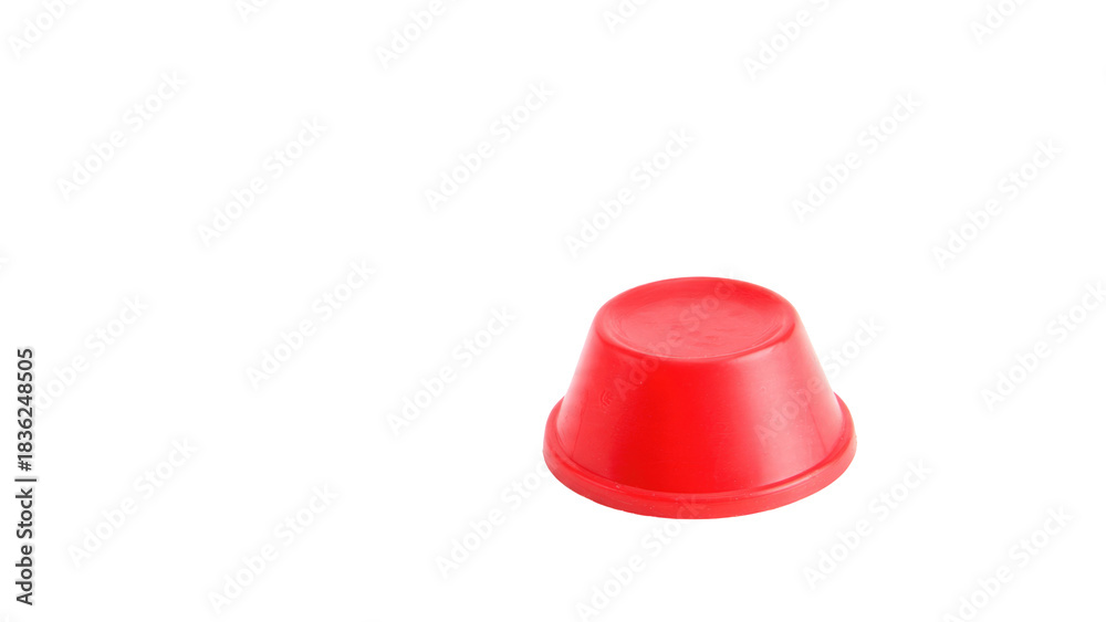 Fototapeta premium A vibrant red plastic cup, inverted, sits on a dark transparent background. It's a simple, isolated object shot with clear focus. background removed