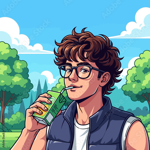 Young Man Enjoying Juice Box in Park with Glasses.