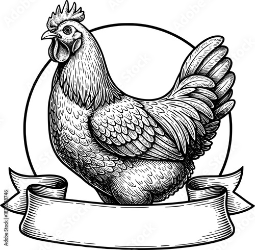illustration of engraved chicken with banner for farm product branding and vintage design