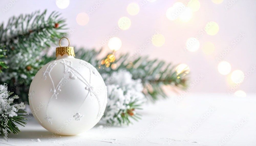 Fototapeta premium Elegant white Christmas ornament with snowy evergreen branch and twinkling lights creates a festive holiday mood for cards, banners, and social media posts
