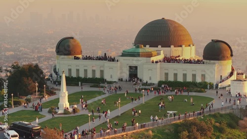 Wallpaper Mural Sunset aerial flight above downtown with coastline Los Angeles skyline Torontodigital.ca