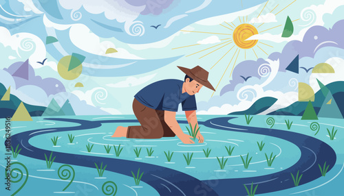 Farmer kneeling in rice field tending seedlings.