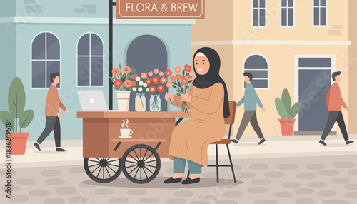 Woman in Hijab at Street Coffee Cart Portrait.