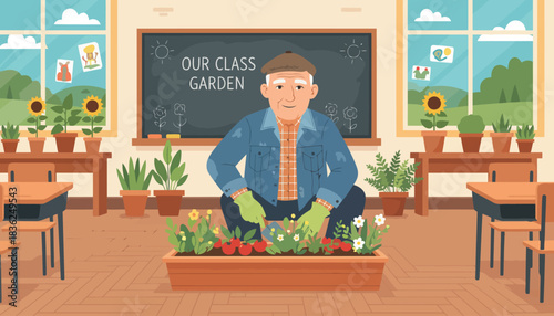 Elderly gardener tending vegetables in classroom greenhouse.