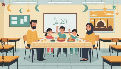 Family enjoying meal together at table during iftar.