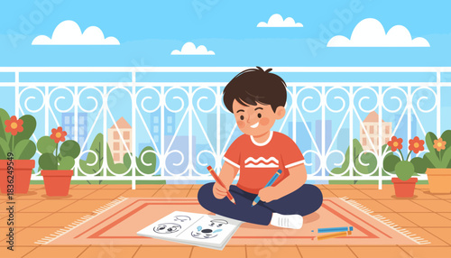 Young boy drawing on a sheet with pencils.