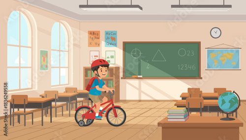 Child riding bicycle indoors in classroom.