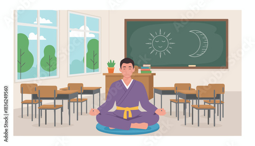 Meditating student in classroom practicing mindfulness.