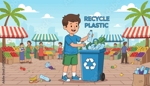 Young boy recycling plastic at outdoor market.