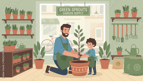 Father and son planting a sapling together in a nursery.