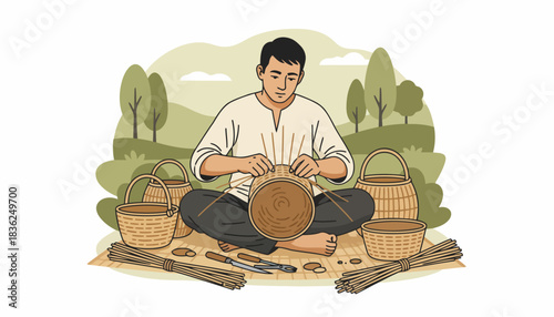 Skillful Potter Creating Clay Vessel Outdoors.