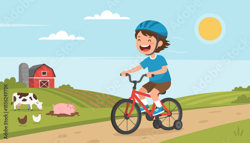 Young boy riding a bicycle on a sunny countryside road.