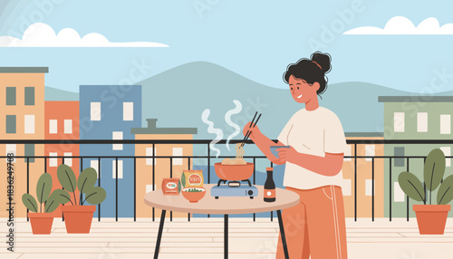 Woman grilling on balcony barbecue during sunny day.